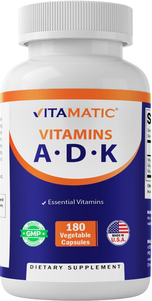 Vitamatic ADK Vitamin Supplement – High Potency A, D3, K2 for Bone Health | 180 Veg Capsules