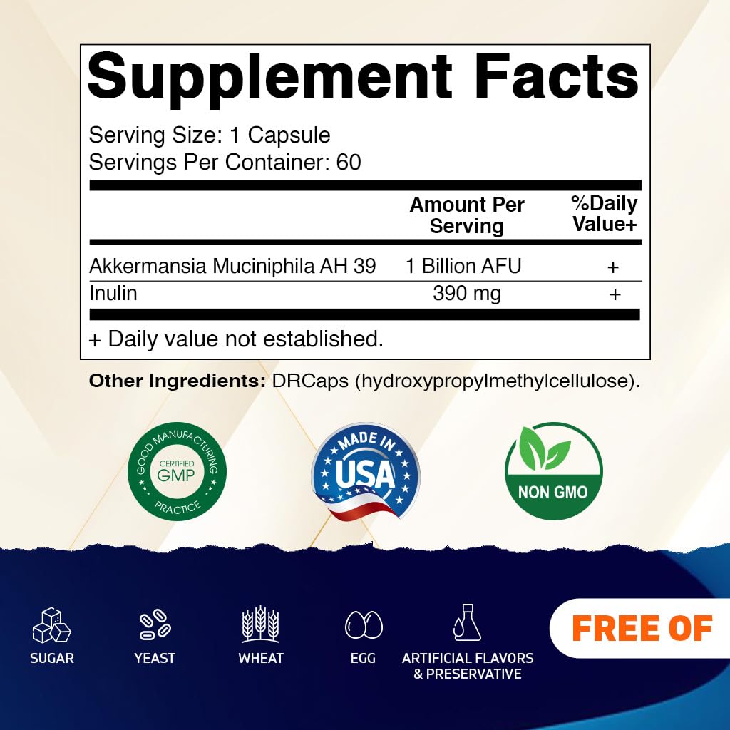 Vitamatic Akkermansia Muciniphila Gut Health - 60 DR Capsules (Delayed Release) - Prebiotic Inulin