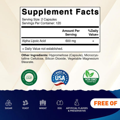 Vitamatic ALA 600mg – 240 Veg Capsules (Pack of 2) | Non-GMO & Gluten Free