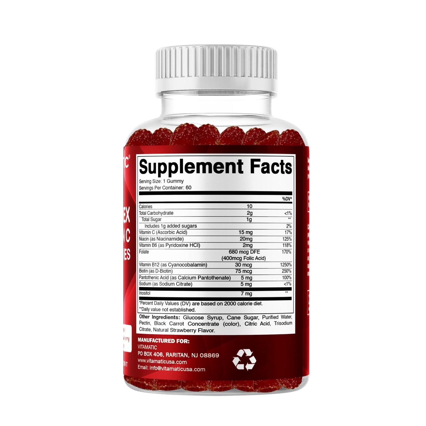 Vitamatic Vitamin B Complex Gummies with Vitamin C & Inositol – Strawberry Flavor, 60 Gummies (2 Bottles)