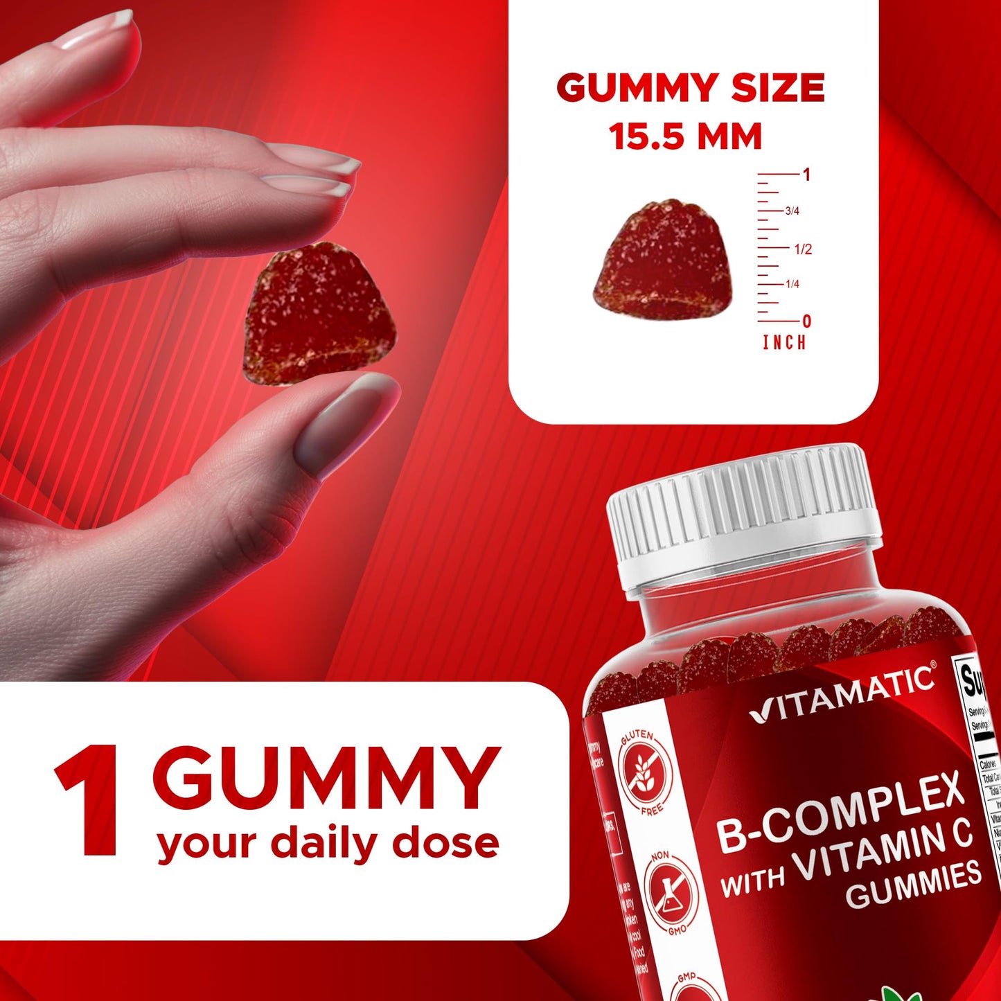 Vitamatic Vitamin B Complex Gummies with Vitamin C & Inositol – Natural Strawberry Flavor – 60 Gummies