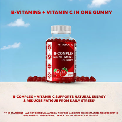 Vitamatic Vitamin B Complex Gummies with Vitamin C & Inositol – Strawberry Flavor, 60 Gummies (2 Bottles)