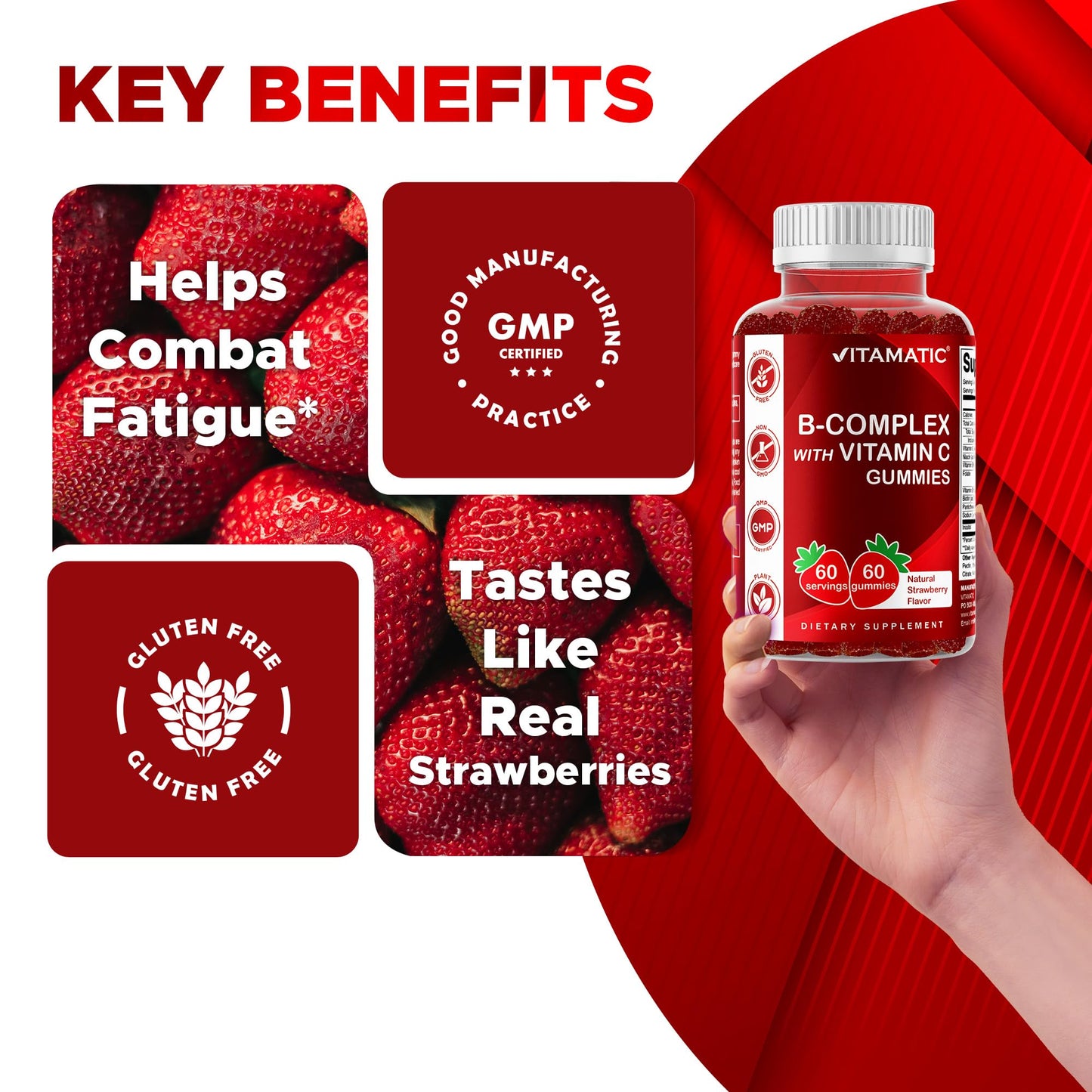 Vitamatic Vitamin B Complex Gummies with Vitamin C & Inositol – Strawberry Flavor, 60 Gummies (2 Bottles)