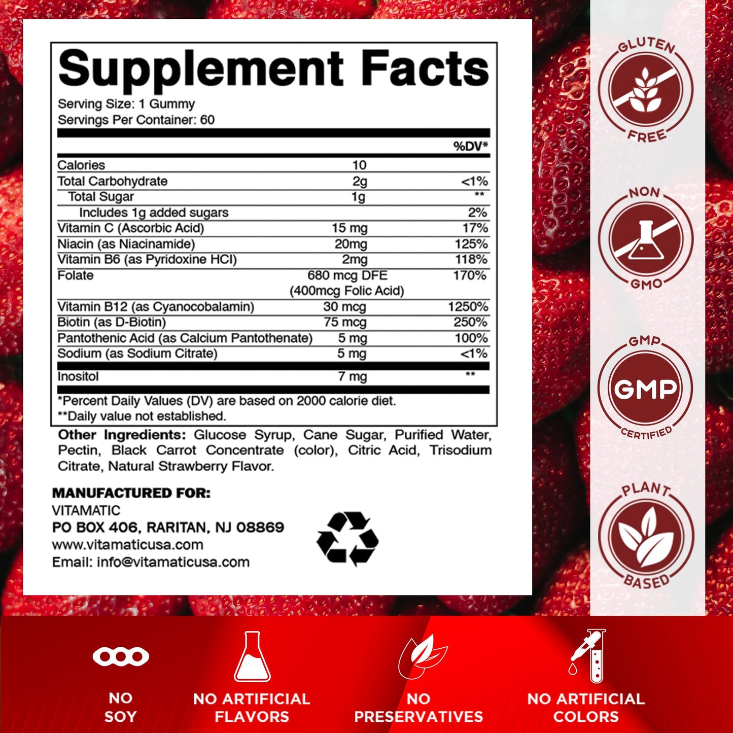 Vitamatic Vitamin B Complex Gummies with Vitamin C & Inositol – Strawberry Flavor, 60 Gummies (2 Bottles)