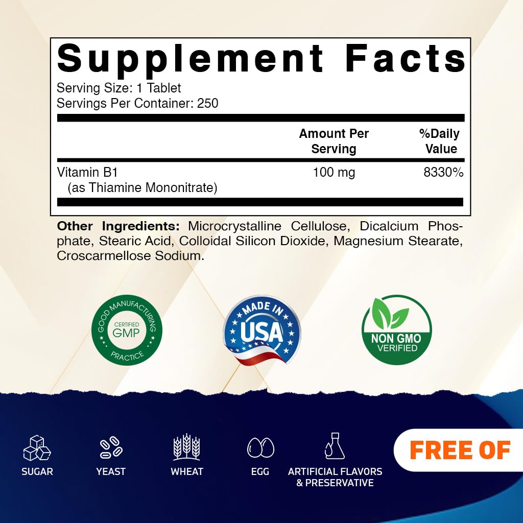 Vitamatic Vitamin B1 100mg – 250 Vegetarian Tablets | Energy, Nerve & Heart Health (Pack of 2)