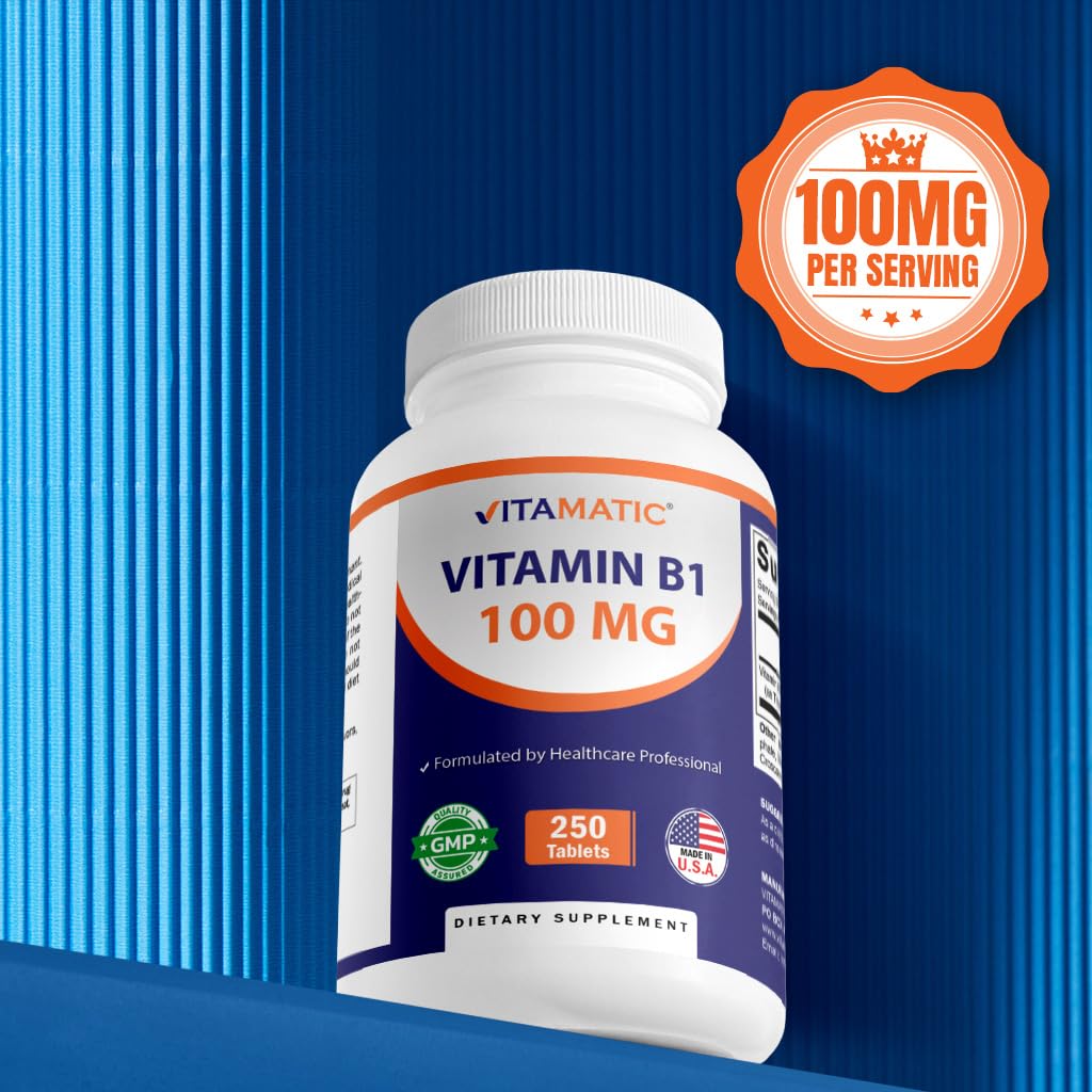 Vitamatic Vitamin B1 100mg – 250 Vegetarian Tablets | Energy, Nerve & Heart Health (Pack of 2)