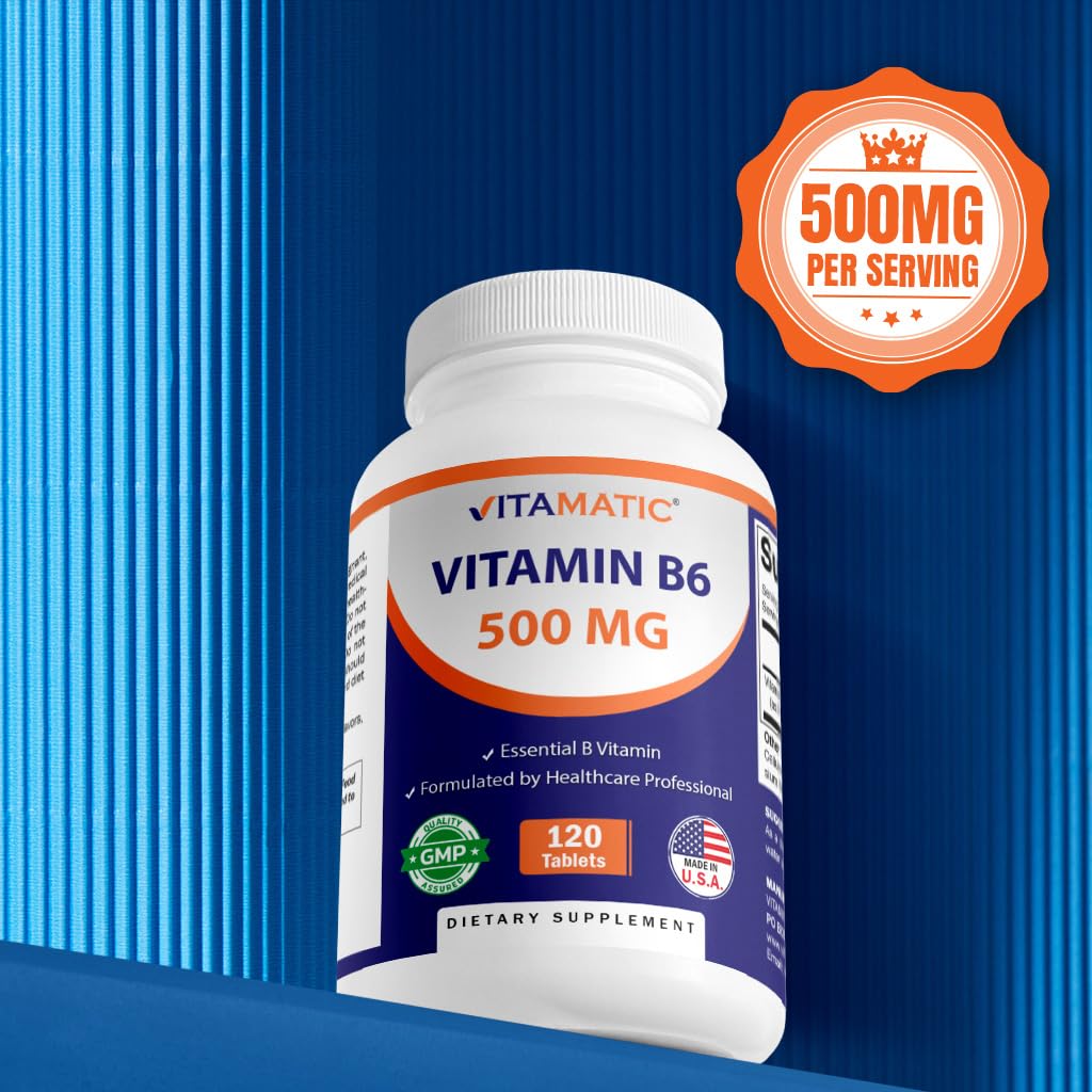 Vitamatic Vitamin B6 (Pyridoxine HCI) 500 mg – 120 Vegetarian Tablets, Pack of 2 | Energy, Metabolism & Immune Support