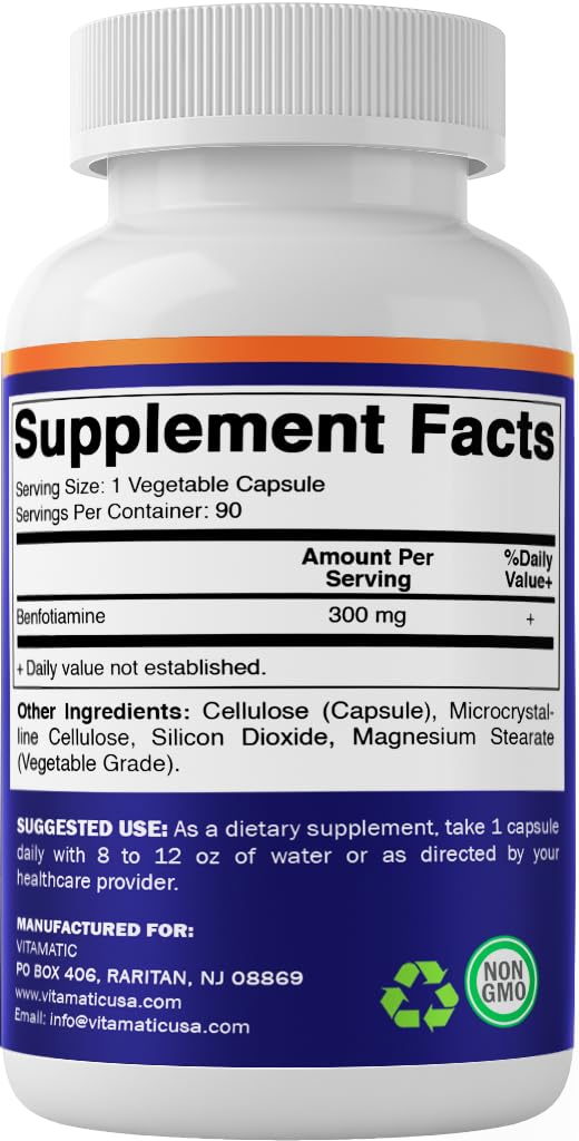 Vitamatic Benfotiamine 300 mg – Fat-Soluble Vitamin B1 – 180 Vegetarian Capsules (2 Bottles)
