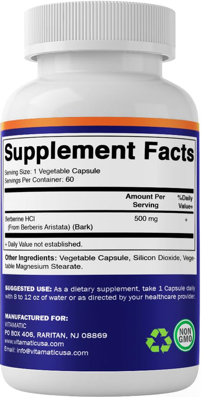 Vitamatic Berberine 500mg - 60 Veg Capsules | Made in USA, Gluten Free, Non-GMO