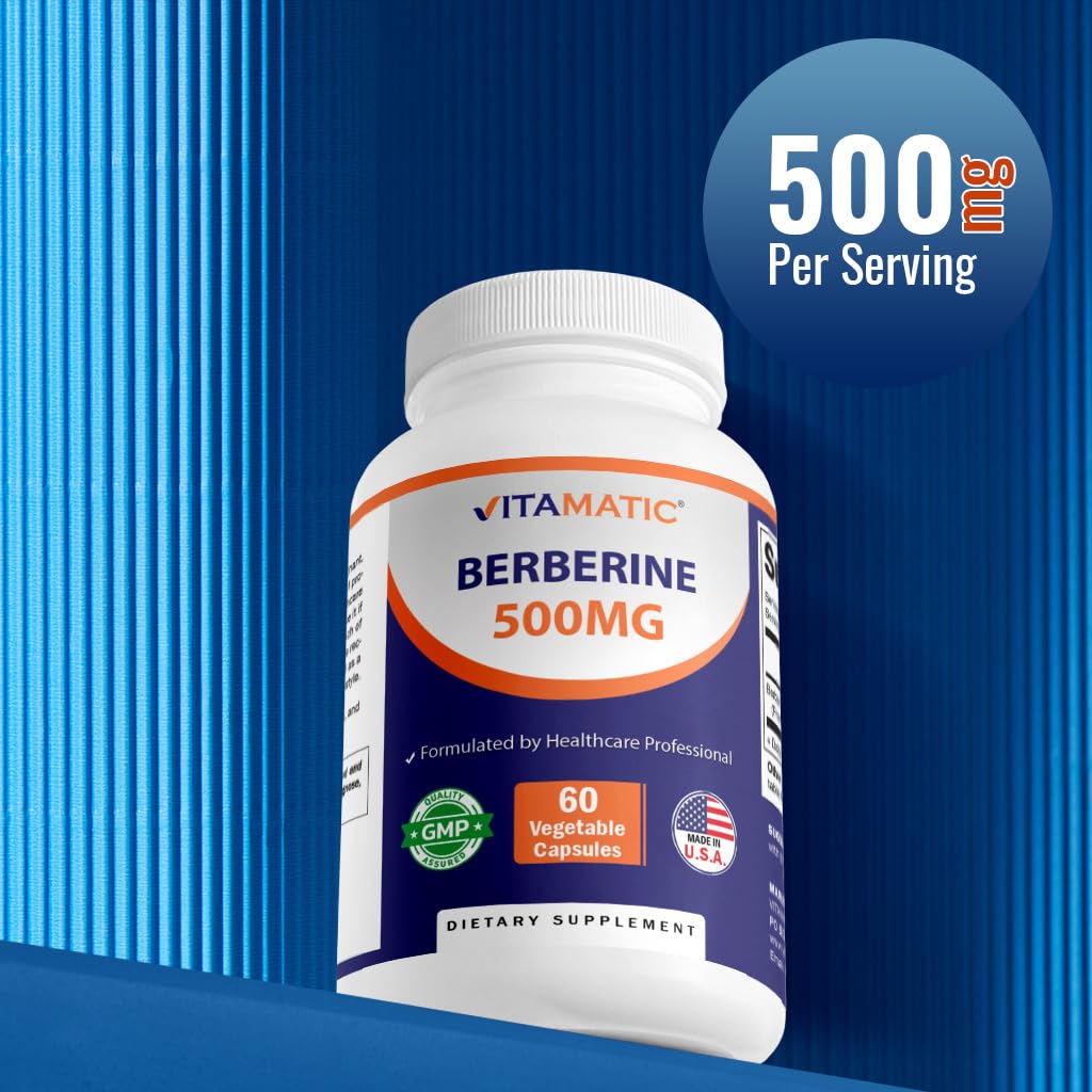 Vitamatic Berberine 500mg - 60 Veg Capsules | Made in USA, Gluten Free, Non-GMO