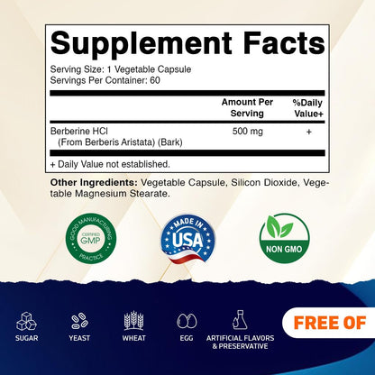 Vitamatic Berberine 500mg - 60 Veg Capsules | Made in USA, Gluten Free, Non-GMO