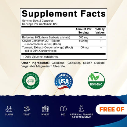 Vitamatic Berberine with Ceylon Cinnamon – 1500mg, 240 Veg Capsules, Non-GMO, Gluten Free