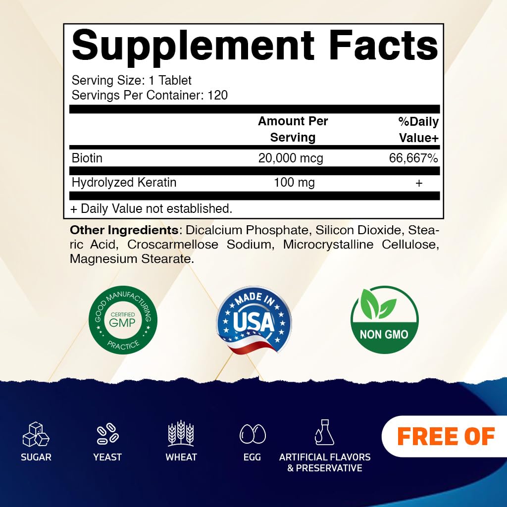 Vitamatic Biotin 20000 mcg with Keratin – 120 Vegetarian Tablets (Pack of 3)