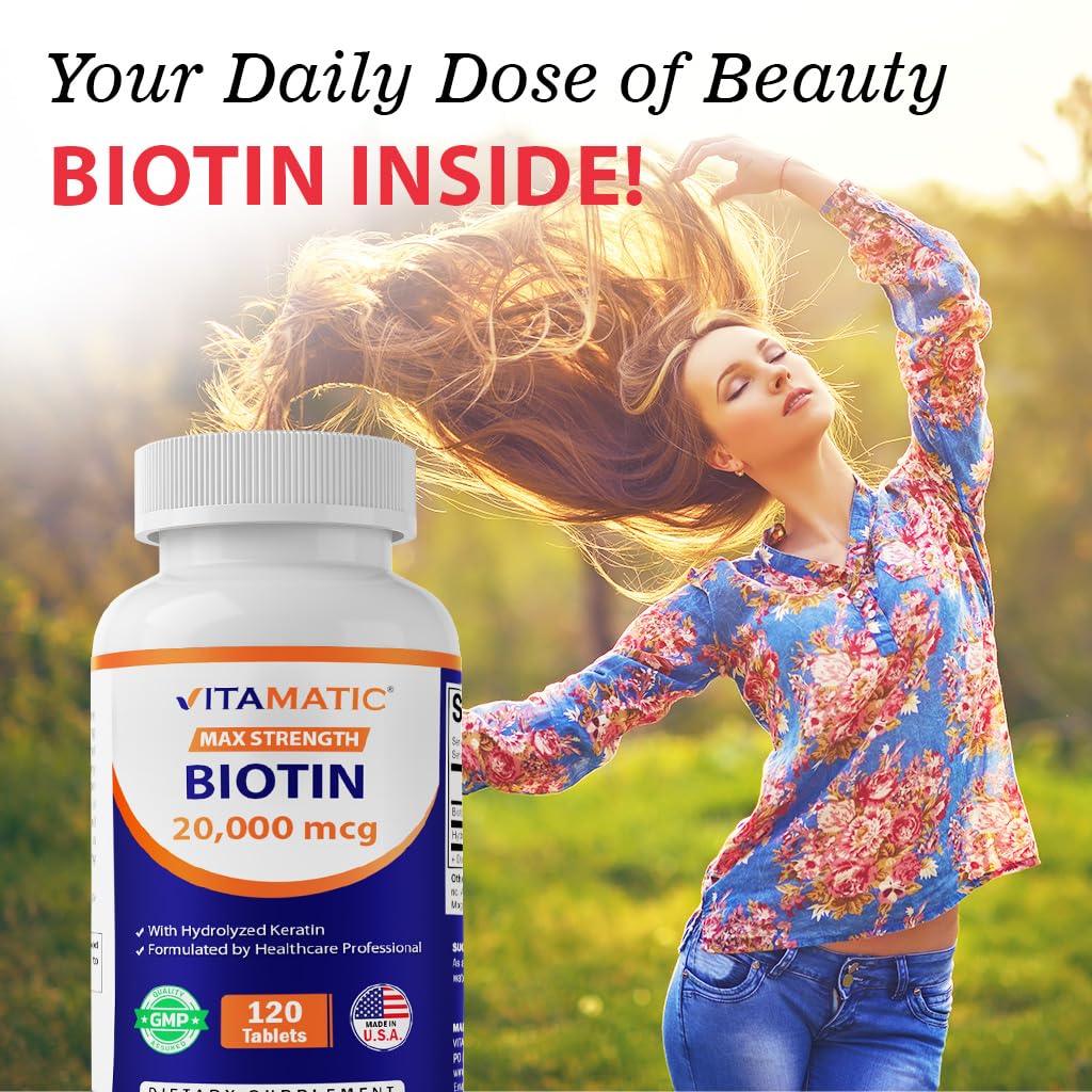 Vitamatic Biotin 20000 mcg with Keratin – 120 Vegetarian Tablets (Pack of 3)