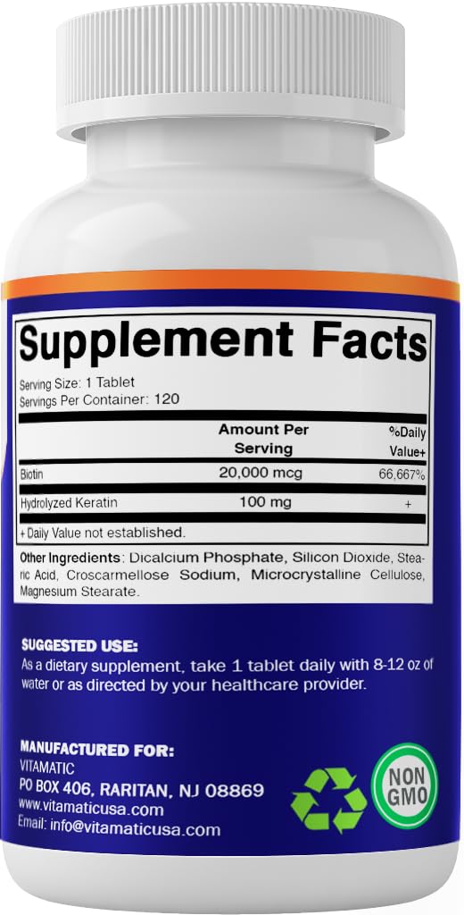 Vitamatic Biotin 20000 mcg with Keratin – 120 Vegetarian Tablets (Pack of 3)