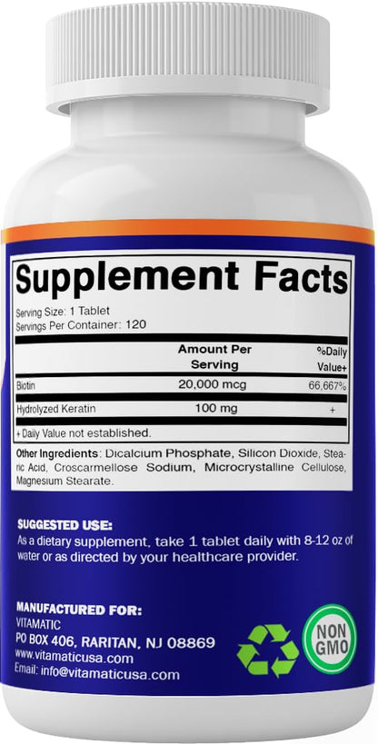 Vitamatic Biotin 20000 mcg with Keratin – 120 Vegetarian Tablets (Pack of 3)