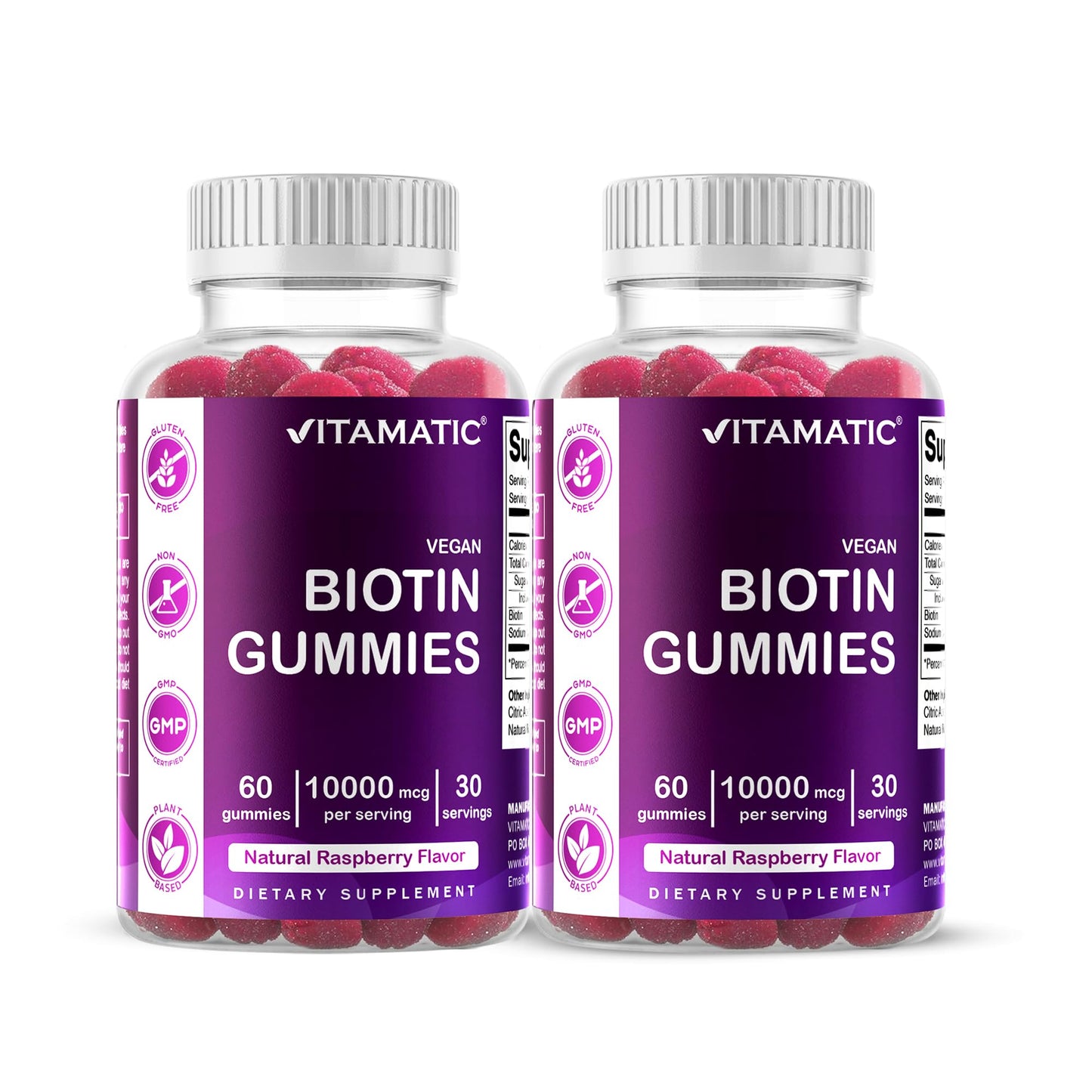 Vitamatic Biotin Gummies 10,000 mcg – 2 Bottles (60 Vegan Gummies Each) | Vitamin B7