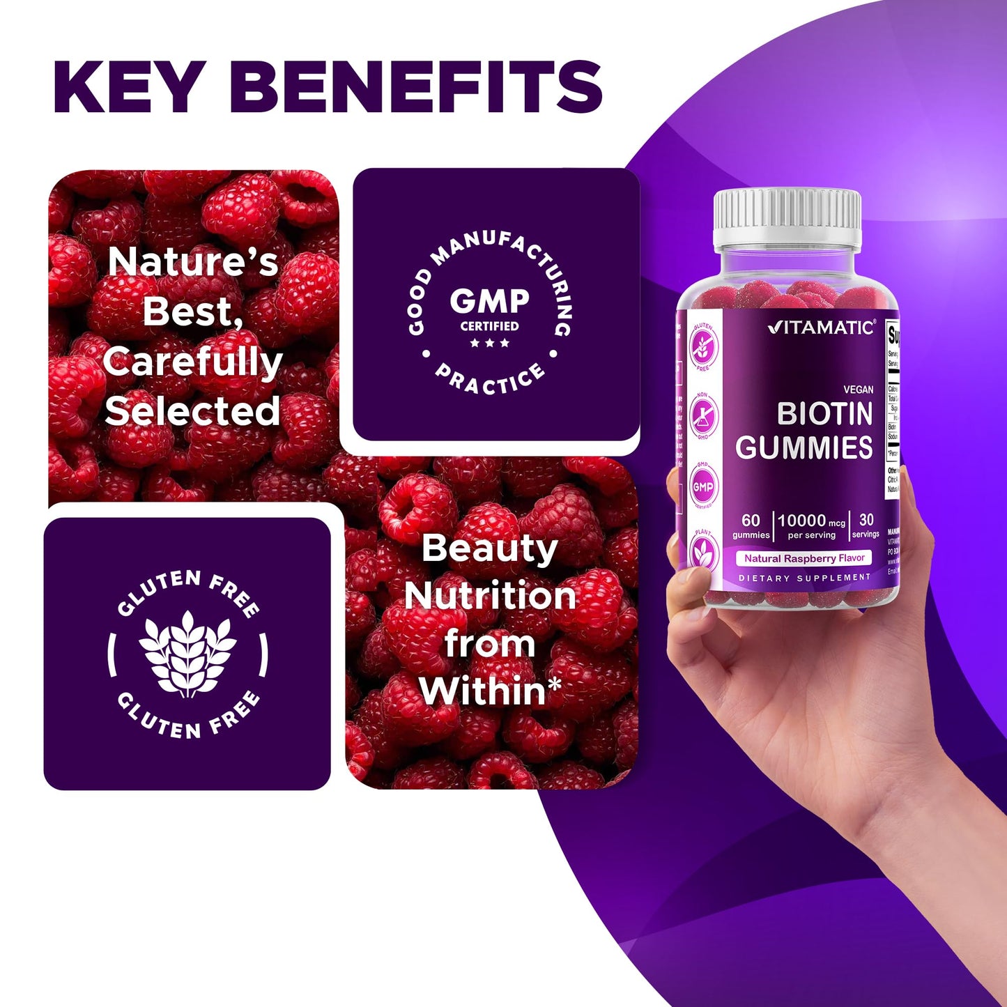 Vitamatic Biotin Gummies 10,000 mcg – 60 Vegan Gummies | Vitamin B7 for Hair, Skin & Nails