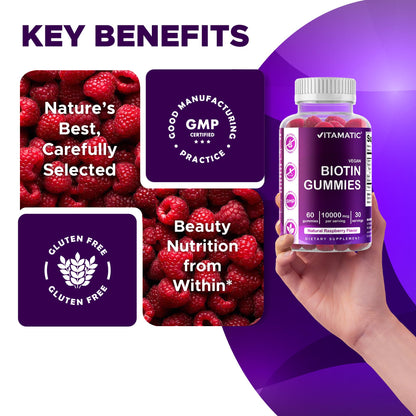 Vitamatic Biotin Gummies 10,000 mcg – 60 Vegan Gummies | Vitamin B7 for Hair, Skin & Nails