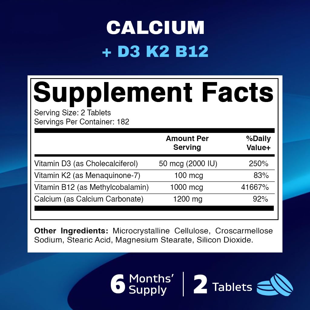Vitamatic Calcium 1200mg with D3, K2 & B12 | Immune & Bone Health - 365 Coated Tablets