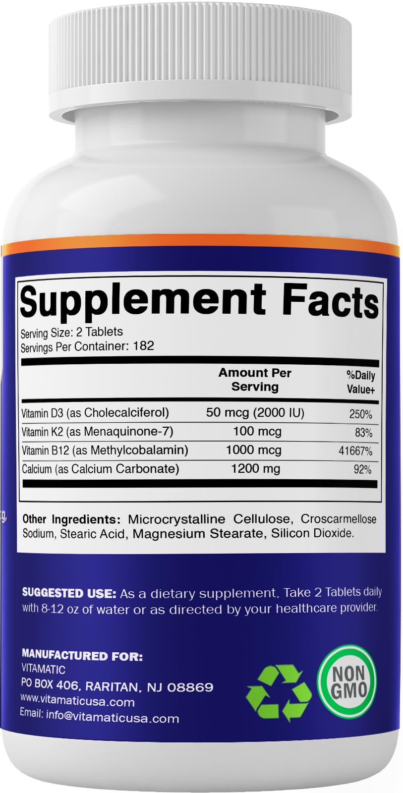 Vitamatic Calcium 1200mg with D3, K2 & B12 | Immune & Bone Health - 365 Coated Tablets