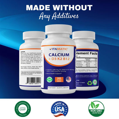 Vitamatic Calcium 1200mg with D3, K2 & B12 | Immune & Bone Health - 365 Coated Tablets
