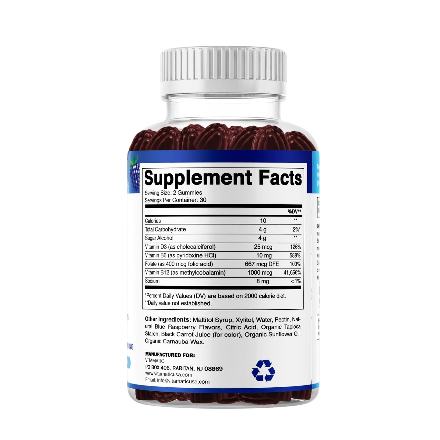 Vitamatic Vitamin D3 + B12 Gummies – Blue Raspberry, 60 Gummies | USA Made with Folate & B6