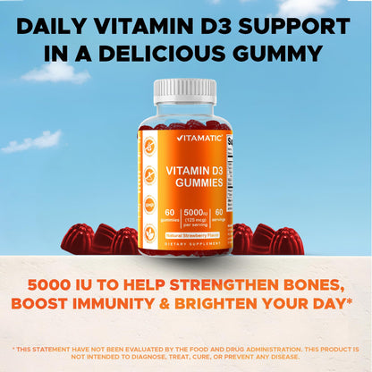 Vitamatic Vitamin D3 Gummies – 5000 IU Per Gummy | 60 Gummies Pack of 2 | Non-GMO, Gluten Free