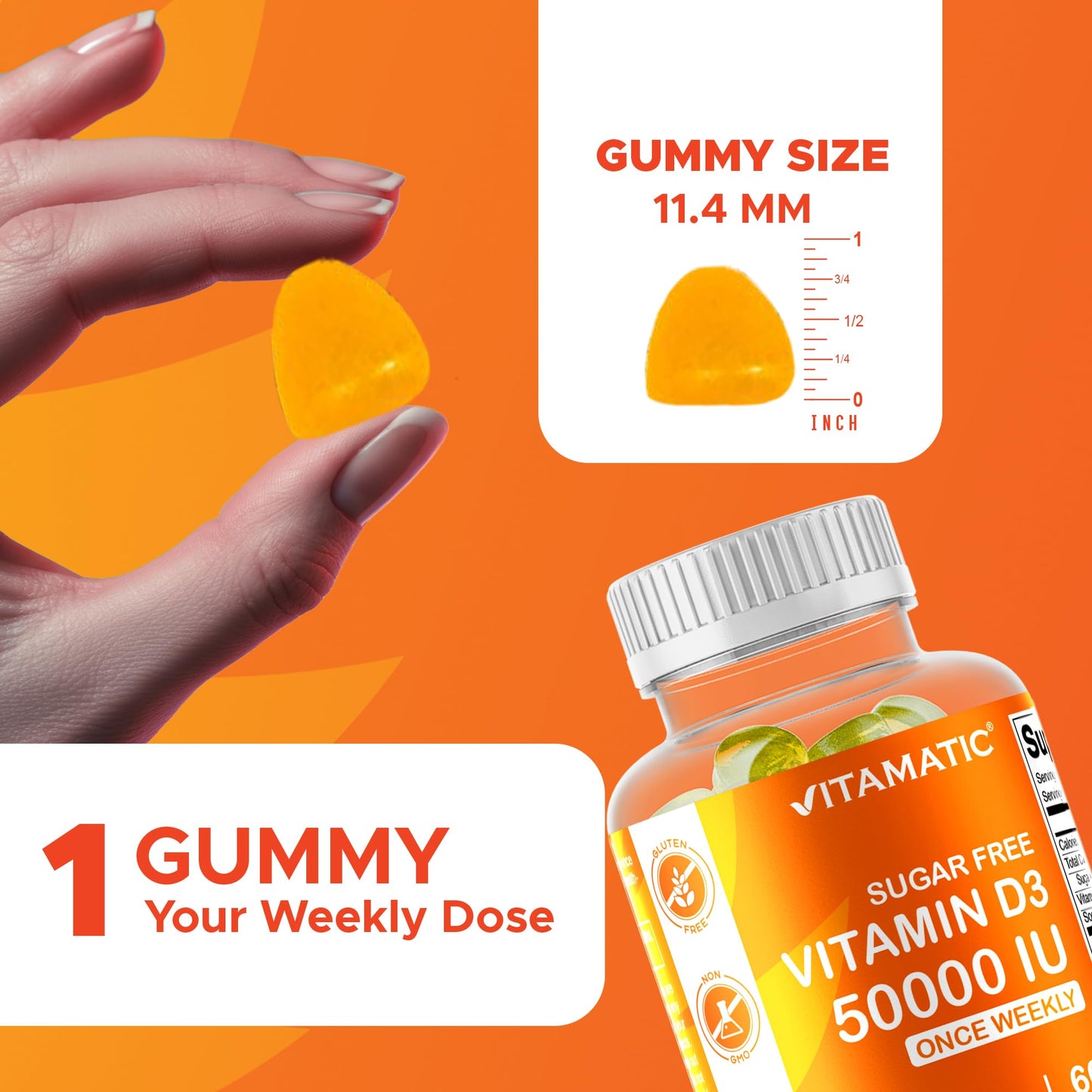 Vitamatic Sugar Free Vitamin D3 50,000 IU Weekly Gummies – 60 Pectin-Based High-Potency D3 for Bone, Teeth & Immune Support (Pack of 2)
