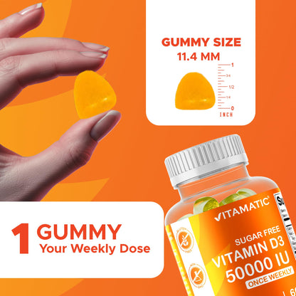 Vitamatic Sugar Free Vitamin D3 50,000 IU Weekly Gummies – 60 Pectin-Based High-Potency D3 for Bone, Teeth & Immune Support (Pack of 2)