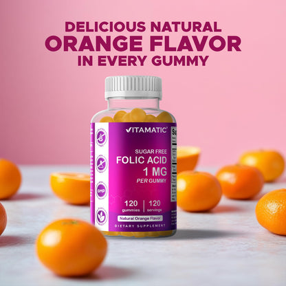 Vitamatic Folic Acid Gummies 1000 mcg – Prenatal Vitamin B9 for Mom & Baby | Vegan 120 Gummies