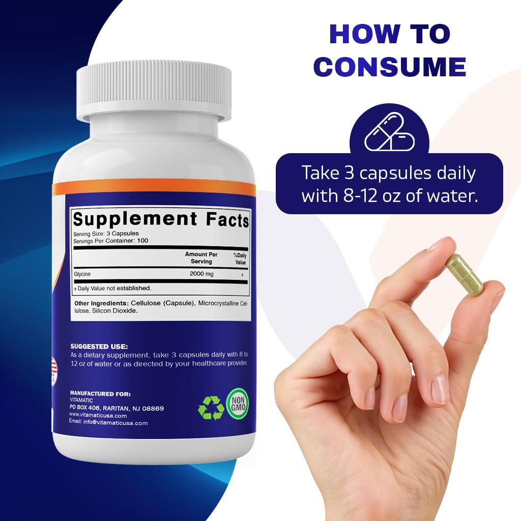 Vitamatic Glycine 2000mg per Serving – 300 Count, Non-GMO, Gluten Free