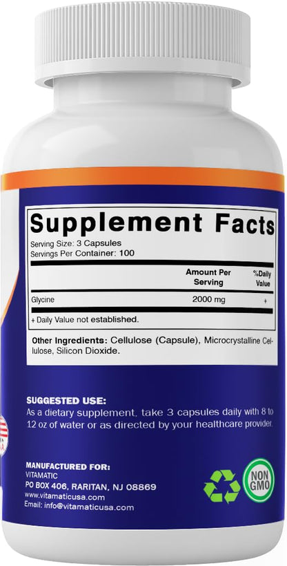 Vitamatic Glycine 2000mg per Serving – 300 Count, Non-GMO, Gluten Free