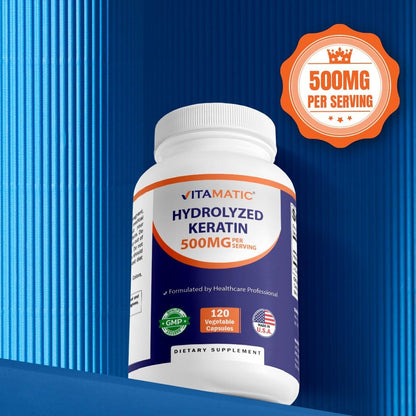Vitamatic Hydrolyzed Keratin 500mg – 120 Vegetarian Capsules for Healthy Hair, Skin & Nails (Adults)