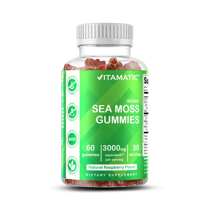 Vitamatic Irish Sea Moss Gummies – 60 Ct | 3000mg Equivalent Per Serving (from Extract 132.5mg) | Bladderwrack & Burdock Root