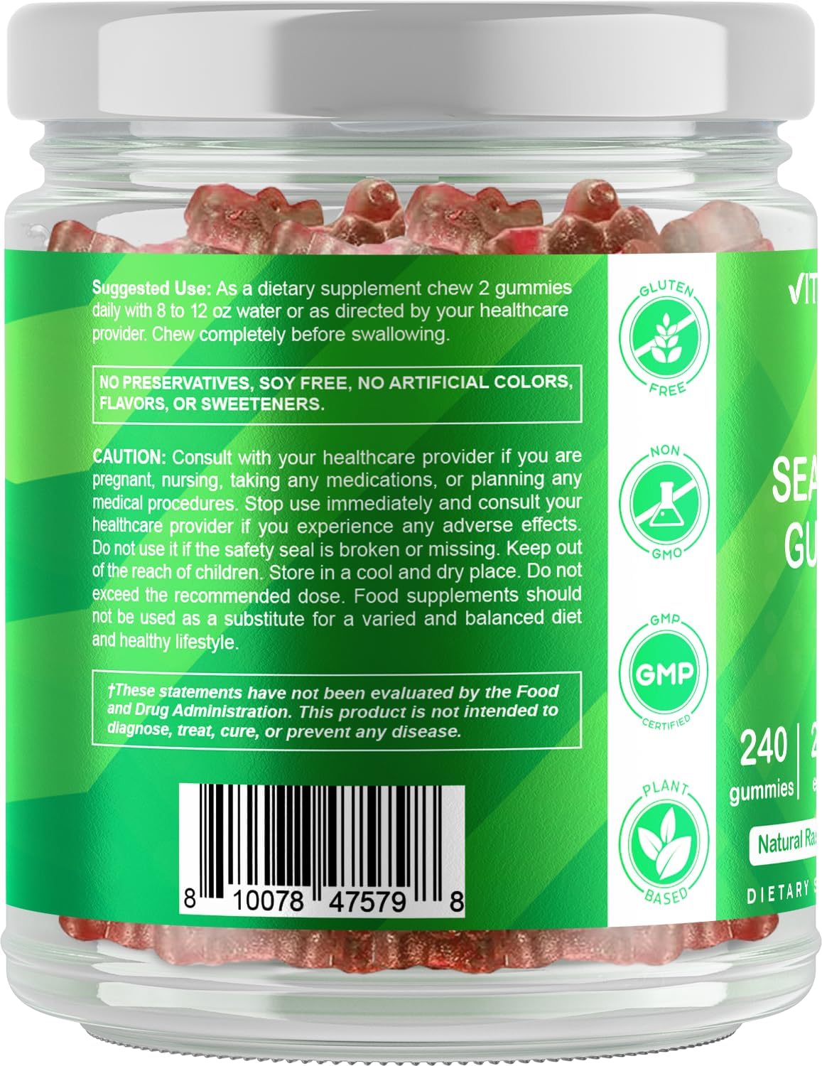 Vitamatic Irish Sea Moss Gummies mg - 240 Vegan Gummies - Made with Bladderwrack & Burdock Root - Seamoss Supplement - Gluten Free & Non-GMO