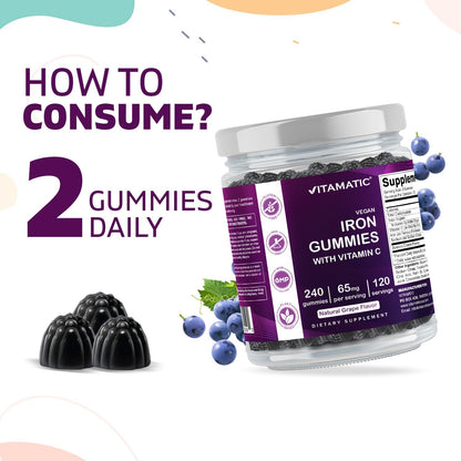 Vitamatic Iron 65 mg Gummies – 240 Vegan Iron Gummies with Vitamin C