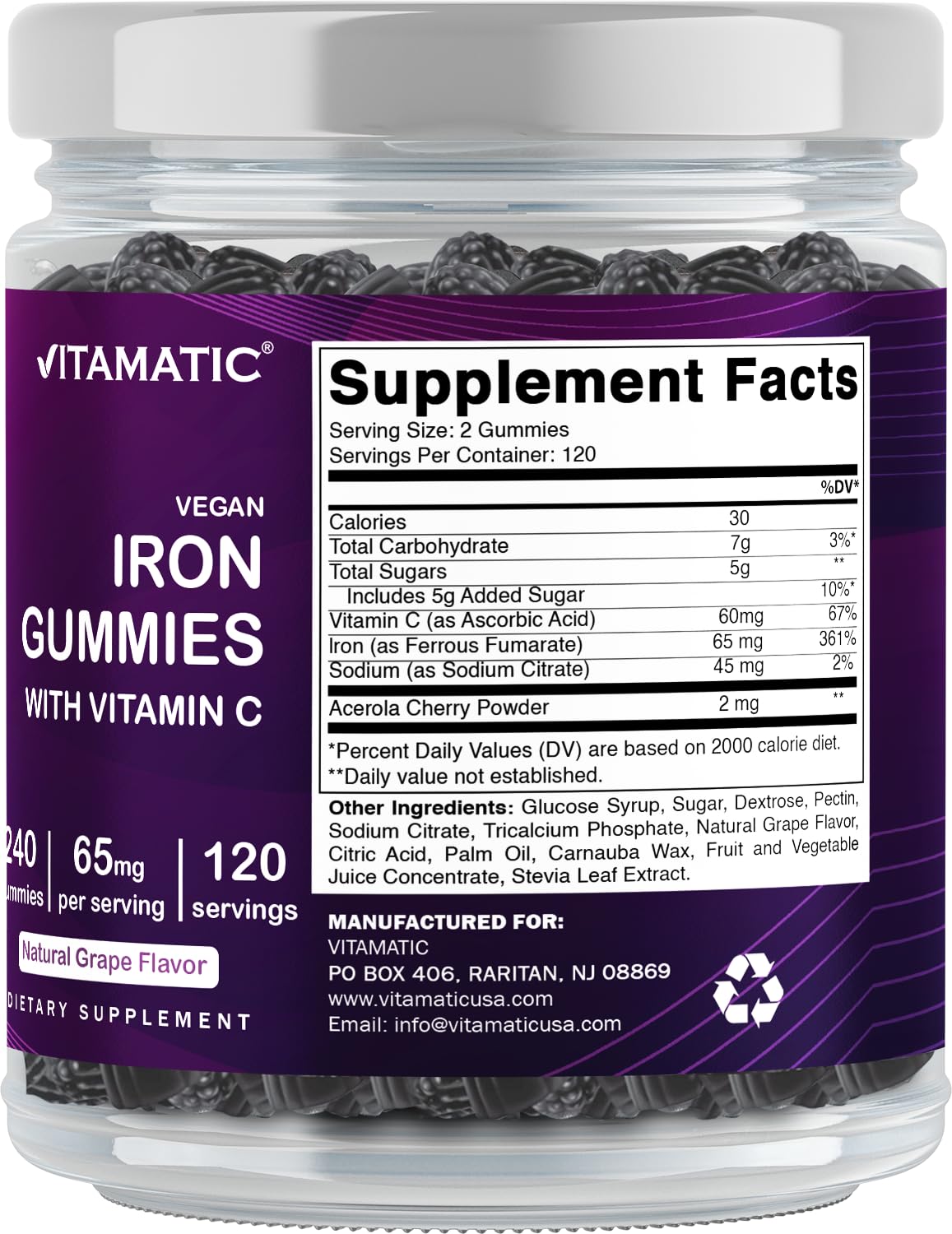 Vitamatic Iron 65 mg Gummies – 240 Vegan Iron Gummies with Vitamin C