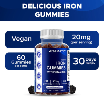 Vitamatic Iron Gummies – 20mg Iron + Vitamin C, Vegan Gummies, 60 Count (Pack of 2)