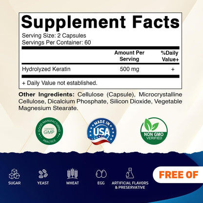 Vitamatic Hydrolyzed Keratin 500mg – 240 Vegetarian Capsules (Pack of 2) | Hair Skin Nails Support