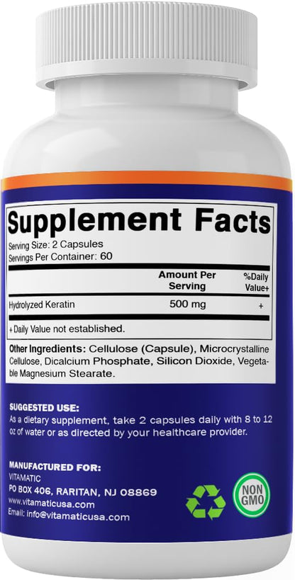 Vitamatic Hydrolyzed Keratin 500mg – 240 Vegetarian Capsules (Pack of 2) | Hair Skin Nails Support
