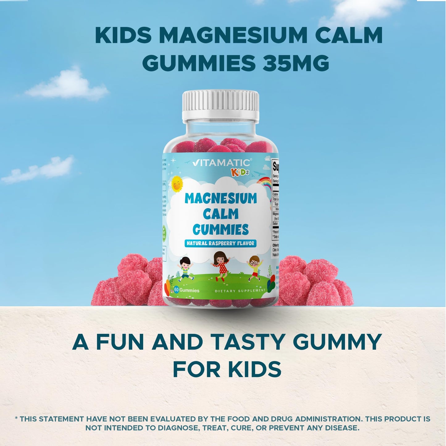 Vitamatic Kids Magnesium Calm Gummies - 60-Count Vegan, Raspberry Flavor | Muscle, Bone & Energy Support