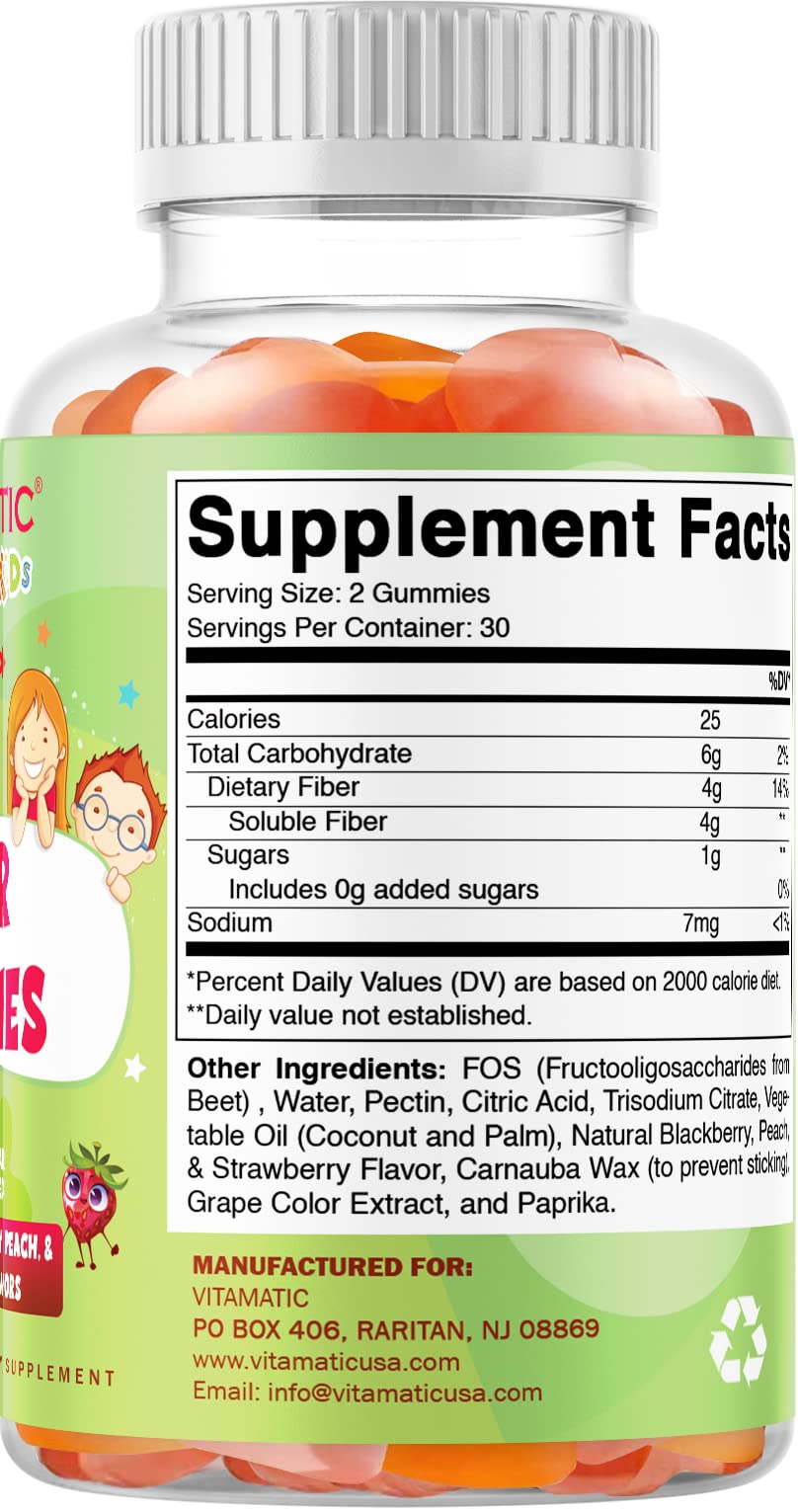 Vitamatic Kids Prebiotic Fiber Gummies – 4g Fiber, Zero Sugar, Pack of 2