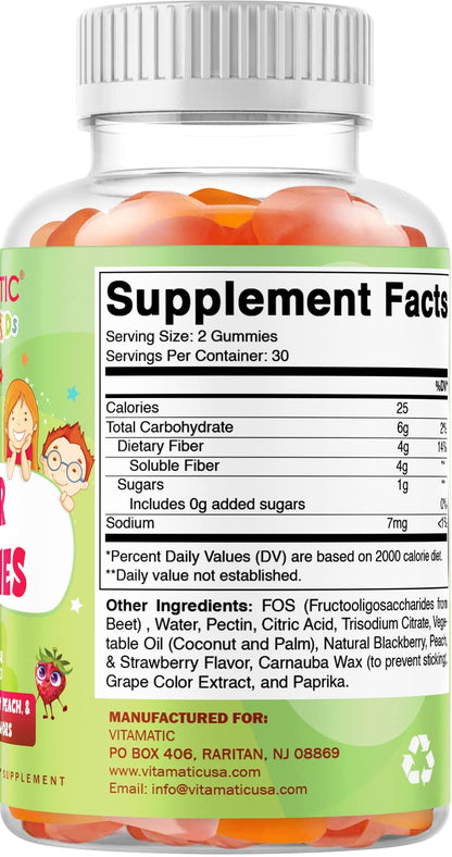 Vitamatic Kids Prebiotic Fiber Gummies – 4g Fiber, Zero Sugar, Pack of 2