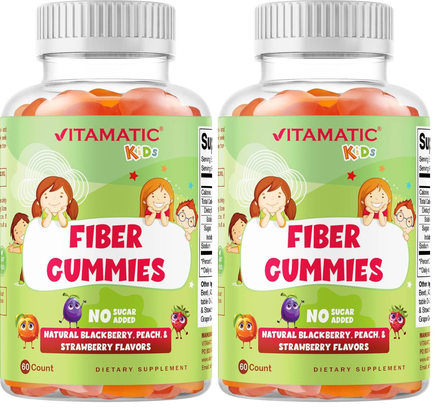 Vitamatic Kids Prebiotic Fiber Gummies – 4g Fiber, Zero Sugar, Pack of 2