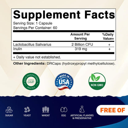 Vitamatic Lactobacillus Salivarius 2 Billion per DR Capsule - 60 Count - Digestive Support - Made with Prebiotic Inulin Fiber (3 Bottles)