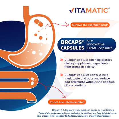 Vitamatic Lactobacillus Salivarius 2 Billion per DR Capsule - 60 Count - Digestive Support - Made with Prebiotic Inulin Fiber (3 Bottles)