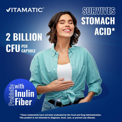 Vitamatic Lactobacillus Salivarius 2 Billion per DR Capsule - 60 Count - Digestive Support - Made with Prebiotic Inulin Fiber (3 Bottles)