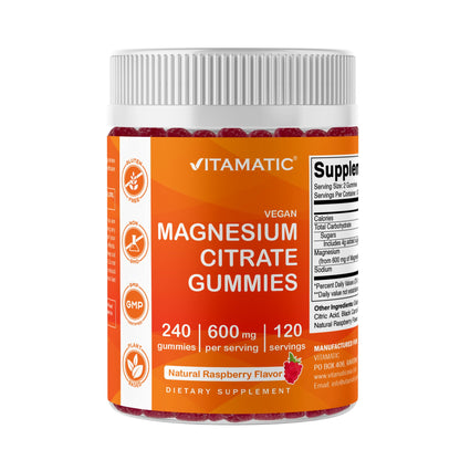 Vitamatic Magnesium Citrate Gummies 600mg per Serving | 240 Vegan Gummies | Raspberry Flavor