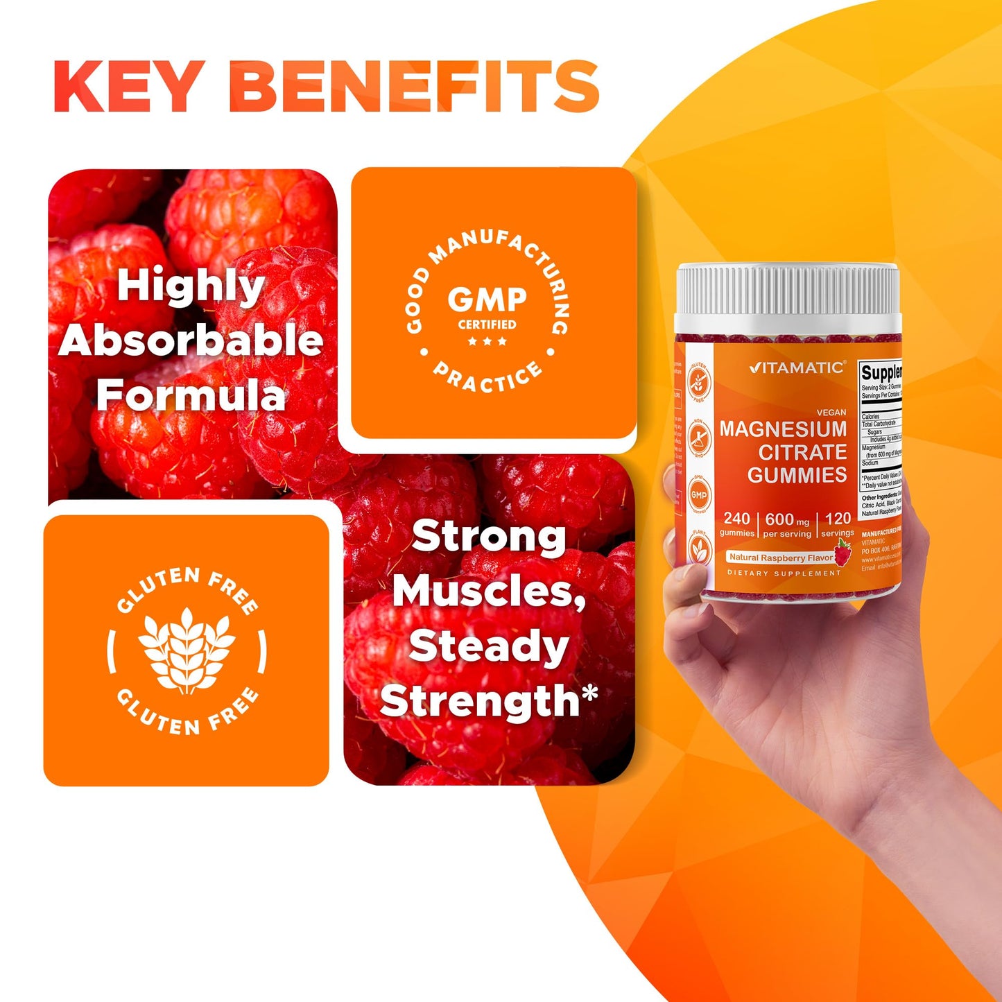 Vitamatic Magnesium Citrate Gummies 600mg per Serving | 240 Vegan Gummies | Raspberry Flavor